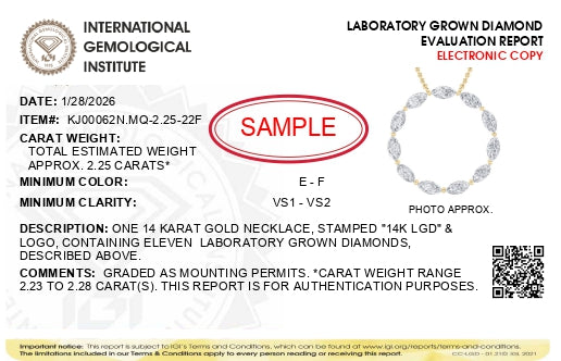 IGI laboratory grown diamond evaluation report for a 14K gold necklace with 11 lab grown diamonds