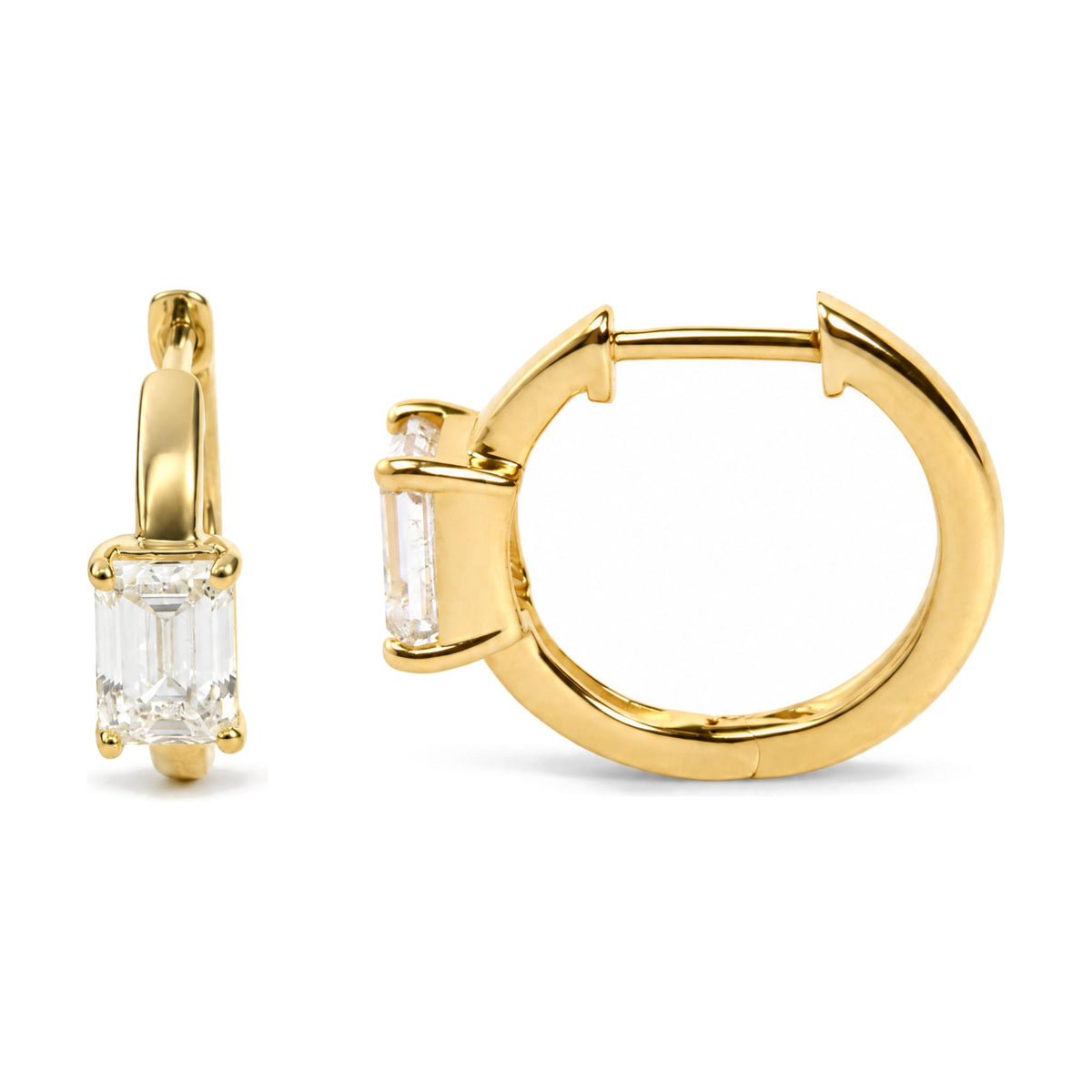IGI Certified 14K Yellow Gold 1 1/2 Cttw Lab Grown Emerald Cut Diamond Solitaire Huggies Hoop Earrings