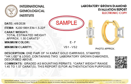 IGI Certified 14K Yellow Gold 1 1/2 Cttw Lab Grown Emerald Cut Diamond Solitaire Huggies Hoop Earrings