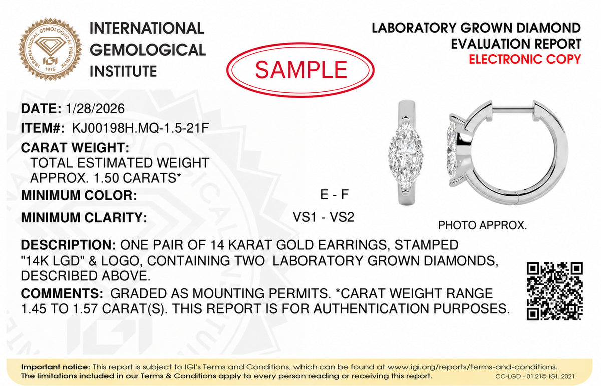 IGI Ceritfied 14K White Gold 1 1/2 Cttw Lab Grown Marquise Cut Diamond Solitaire Huggie Hoop Earrings