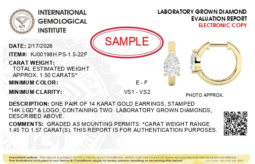 IGI Certified 14K Yellow Gold 1 1/2 Cttw Lab Grown Pear Cut Diamond Solitaire Huggies Hoop Earrings