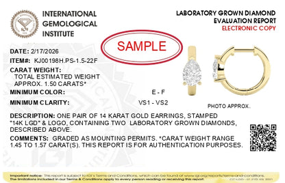 IGI Certified 14K Yellow Gold 1 1/2 Cttw Lab Grown Pear Cut Diamond Solitaire Huggies Hoop Earrings