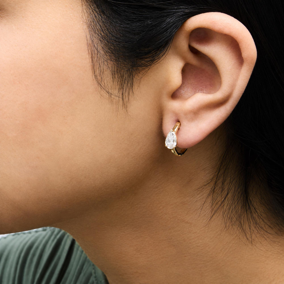 IGI Certified 14K Yellow Gold 1 1/2 Cttw Lab Grown Pear Cut Diamond Solitaire Huggies Hoop Earrings