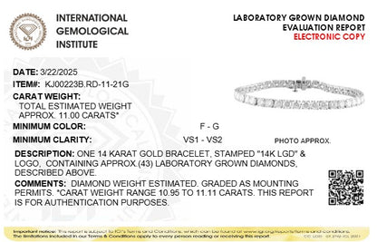 IGI Certified 14K White Gold 11.0 Cttw Lab Grown Diamond Tennis Bracelet
