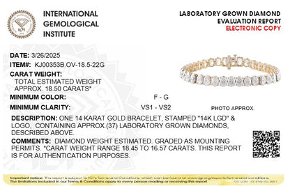 IGI Certified 14K Yellow Gold 18 1/2 Cttw Oval Cut Lab Grown Diamond Tennis Bracelet