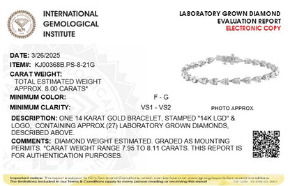 IGI Certified 14K White Gold 8.0 Cttw Pear Cut Lab Grown Diamond Tennis Bracelet