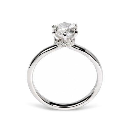 Close-up front view of a white metal ring featuring a single round white gemstone in a six-prong setting, surrounded by smaller round white gemstones in prong settings along the band.