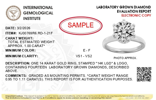 Alt text: White-colored ring shown at an angled top view with a round center gemstone in a six-prong setting, surrounded by smaller round gemstones in prong settings.