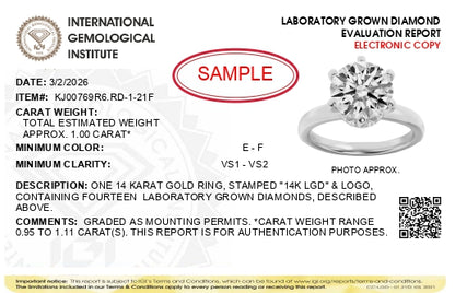 Alt text: White-colored ring shown at an angled top view with a round center gemstone in a six-prong setting, surrounded by smaller round gemstones in prong settings.