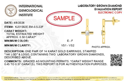 IGI Certified 14K Yellow Gold 1/2 Cttw Lab Grown Emerald Cut Diamond Cross Drop Earrings