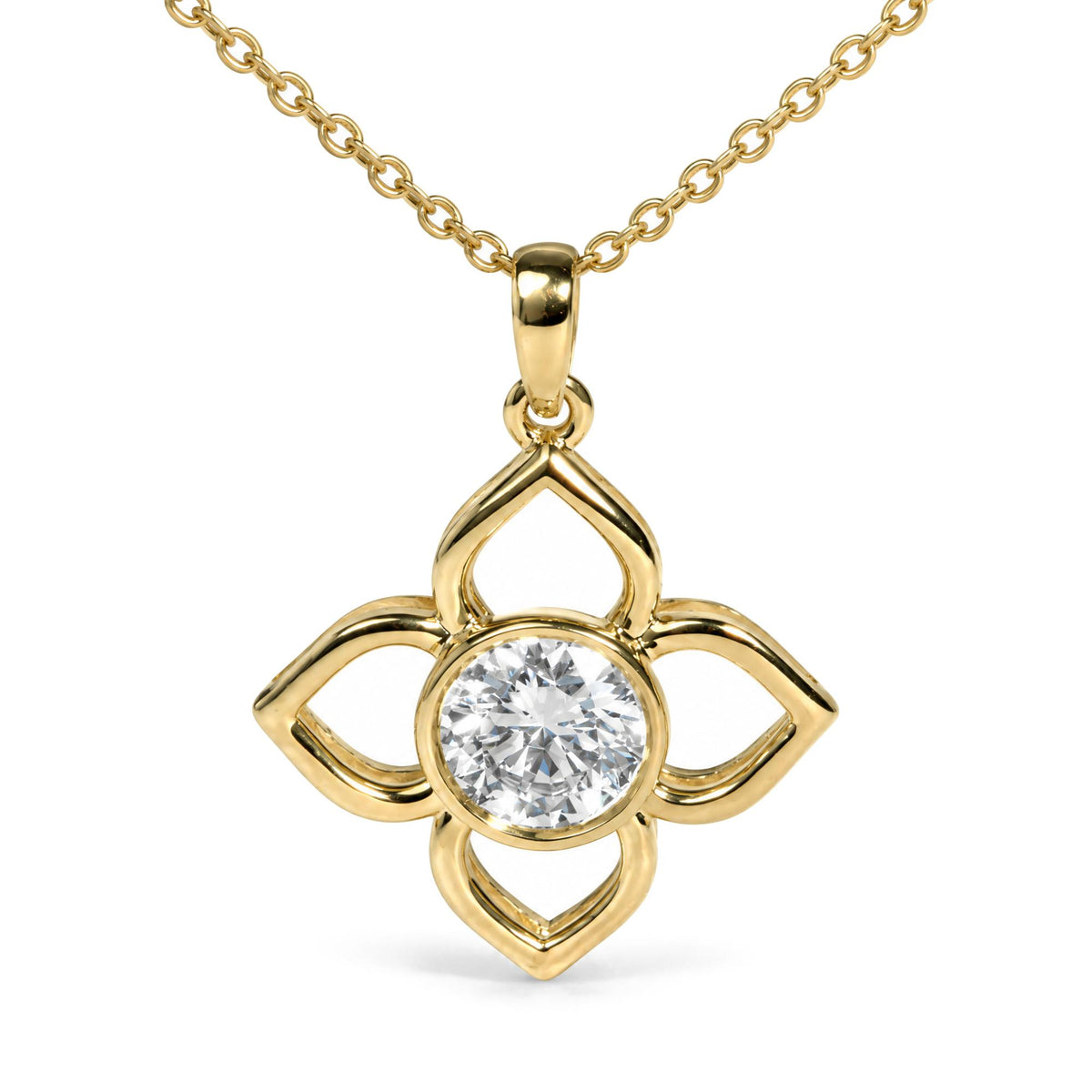 Close-up front view of a yellow metal necklace with a flower-shaped pendant featuring a round white gemstone in a bezel setting at the center.