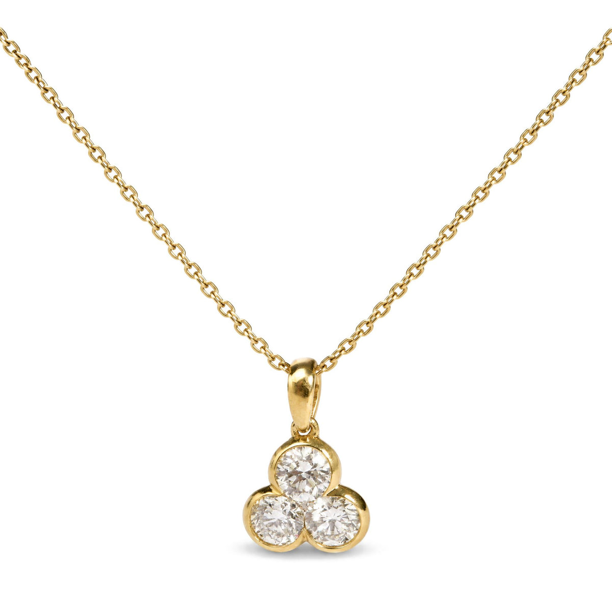 Close-up front view of a yellow necklace chain with a triangular pendant featuring three round white gemstones in bezel settings.