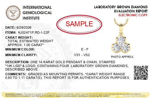 International Gemological Institute laboratory grown diamond evaluation report for a 14K gold pendant and chain