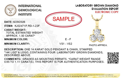 International Gemological Institute laboratory grown diamond evaluation report for a 14K gold pendant and chain