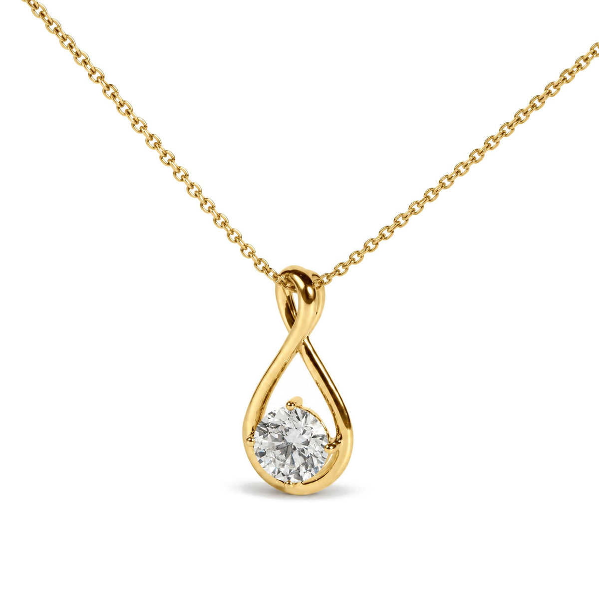 Close-up front view of a yellow metal necklace with a twisted teardrop-shaped pendant featuring a round white gemstone in a four-prong setting.