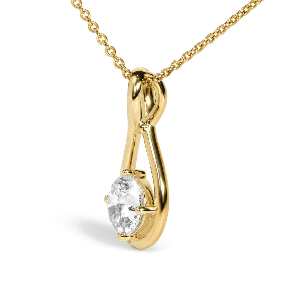 Close-up front angle of a yellow necklace chain with a pendant featuring a round white gemstone in a 4-prong setting.