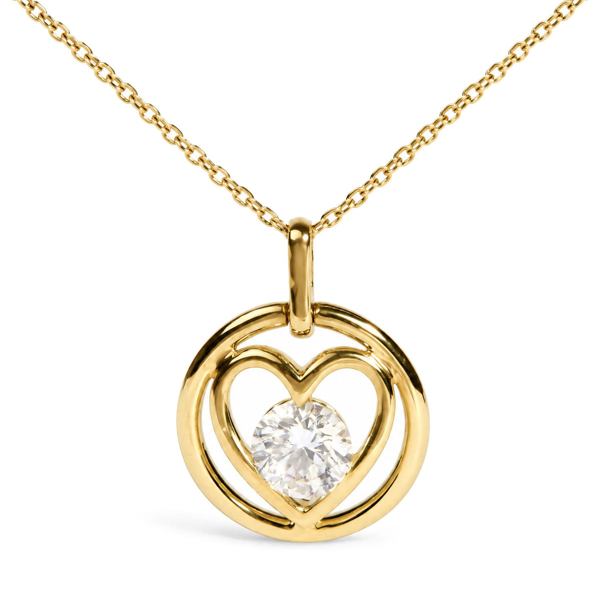 Front view of 14K yellow gold openwork heart circle pendant necklace showcasing its lab grown solitaire diamond on white