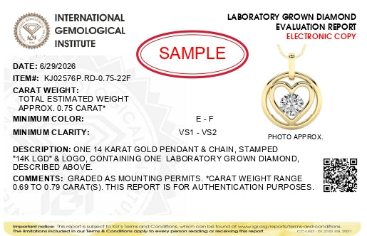 IGI report for 14 karat gold pendant and chain with about 0.75 carat lab grown diamond, E to F color, VS1 to VS2 clarity