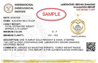 IGI report for 14 karat gold pendant and chain with about 0.75 carat lab grown diamond, E to F color, VS1 to VS2 clarity