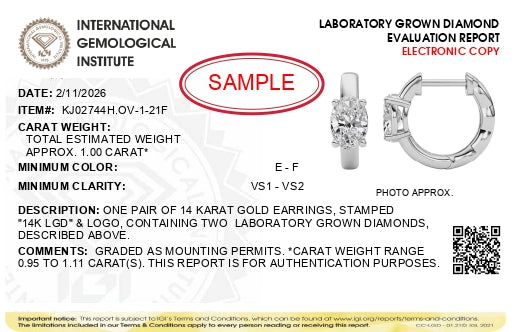 Alt text: Pair of white metal earrings shown from a front and side angle, each featuring an oval-shaped white gemstone in a four-prong setting.
