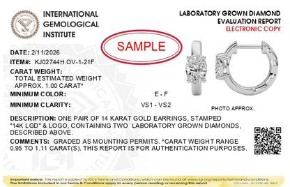 Alt text: Pair of white metal earrings shown from a front and side angle, each featuring an oval-shaped white gemstone in a four-prong setting.