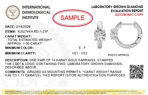 IGI Certified 14K White Gold 1.00 Cttw Lab Grown Diamond Solitaire Huggie Hoop Earrings
