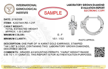 IGI Certified 14K White Gold 1.00 Cttw Lab Grown Diamond Solitaire Huggie Hoop Earrings
