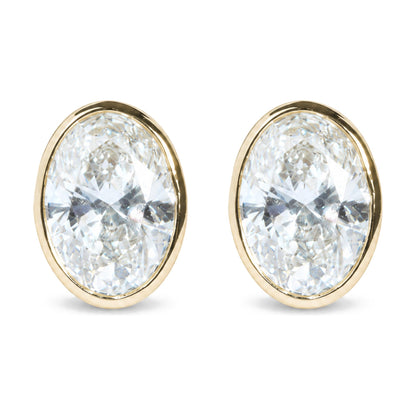 IGI Certified 14K Yellow Gold 4.00 Cttw Lab Grown Oval Cut Diamond Bezel Set Solitaire Stud Earrings