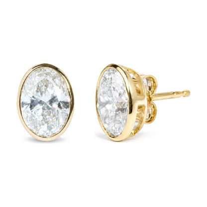 IGI Certified 14K Yellow Gold 4.00 Cttw Lab Grown Oval Cut Diamond Bezel Set Solitaire Stud Earrings