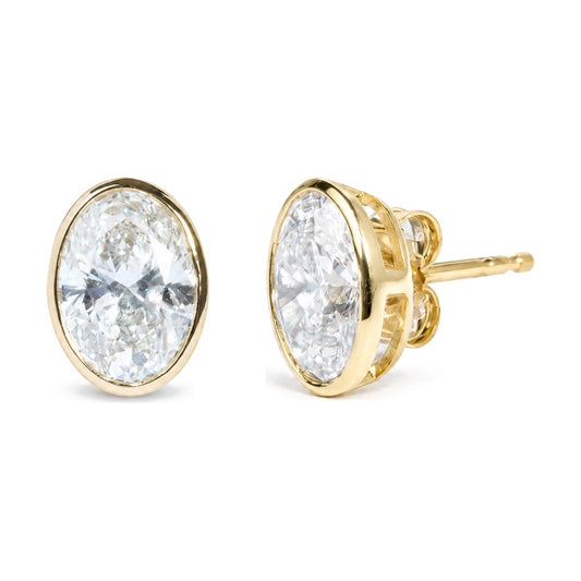 IGI Certified 14K Yellow Gold 4.00 Cttw Lab Grown Oval Cut Diamond Bezel Set Solitaire Stud Earrings