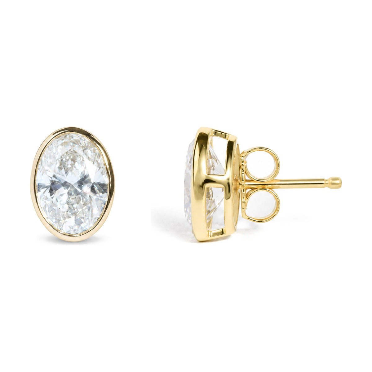 IGI Certified 14K Yellow Gold 4.00 Cttw Lab Grown Oval Cut Diamond Bezel Set Solitaire Stud Earrings