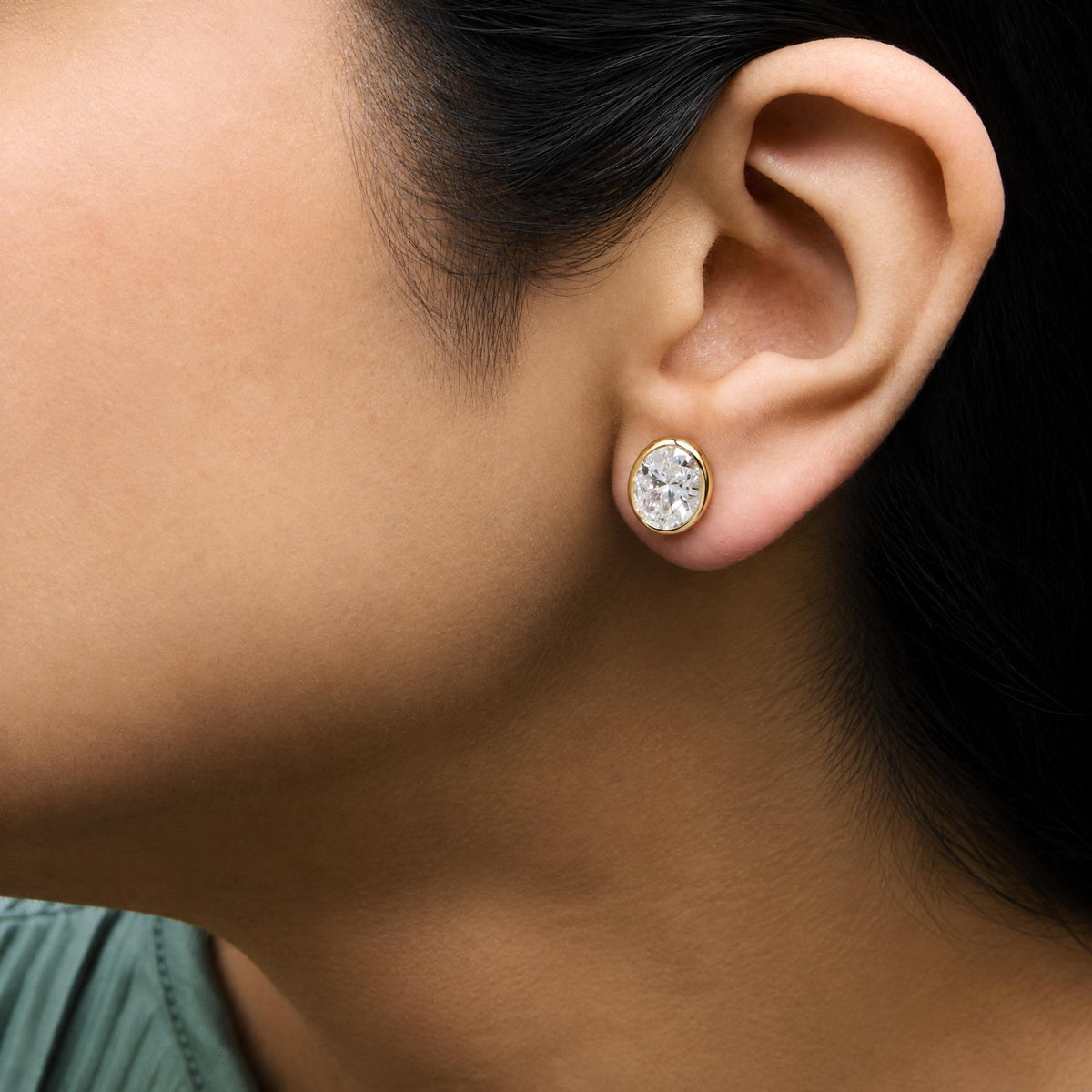 IGI Certified 14K Yellow Gold 4.00 Cttw Lab Grown Oval Cut Diamond Bezel Set Solitaire Stud Earrings