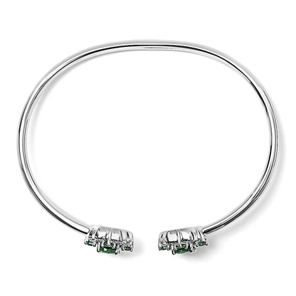 Sterling Silver White Topaz and Green Emerald Floral Bangle Bracelet 6.5 Inch
