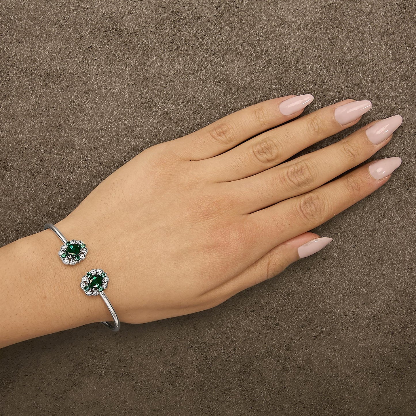 Sterling Silver White Topaz and Green Emerald Floral Bangle Bracelet 6.5 Inch
