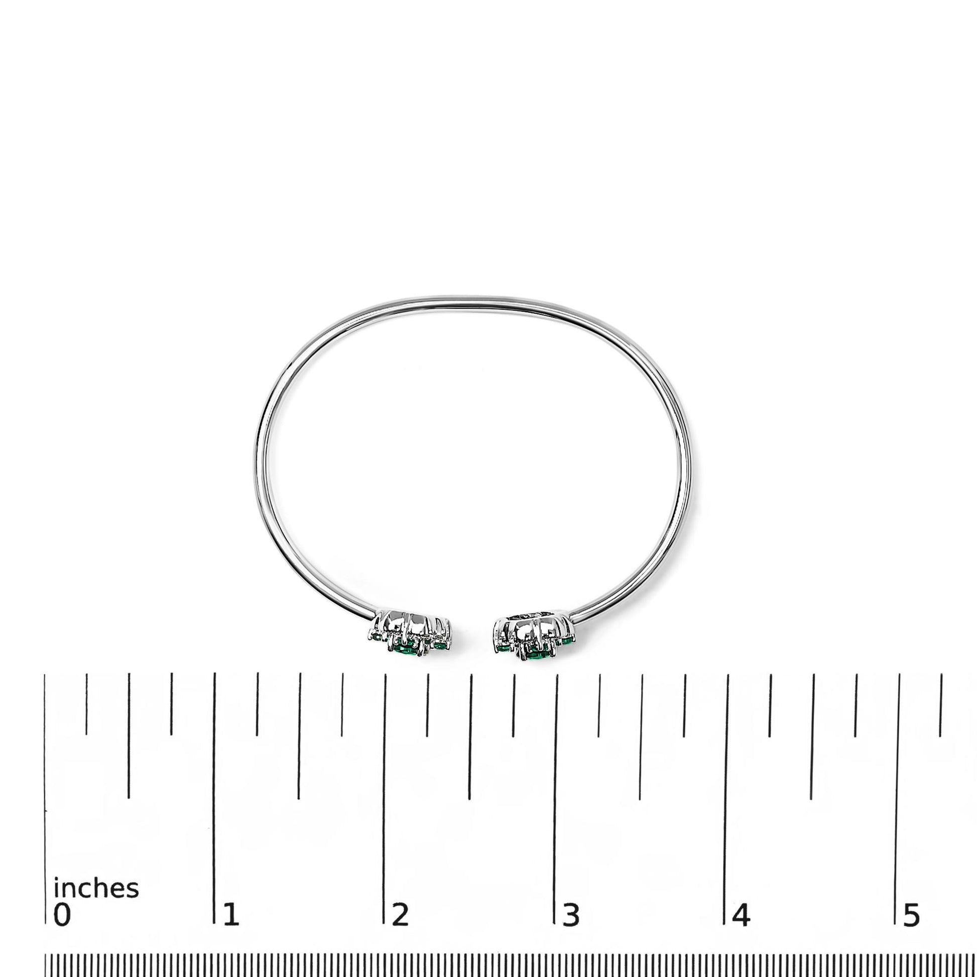 Sterling Silver White Topaz and Green Emerald Floral Bangle Bracelet 6.5 Inch