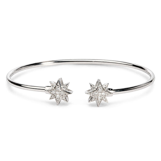 Front view of .925 Sterling Silver Diamond Accent Star Flexy Open Bangle Bracelet showcasing two star accents on white background