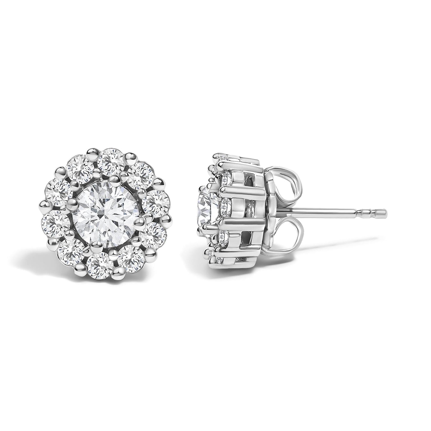Front and side view of round white gemstone stud earrings in white metal with a larger center gemstone in a four-prong setting surrounded by smaller gemstones in a shared prong setting, shown against a white background.