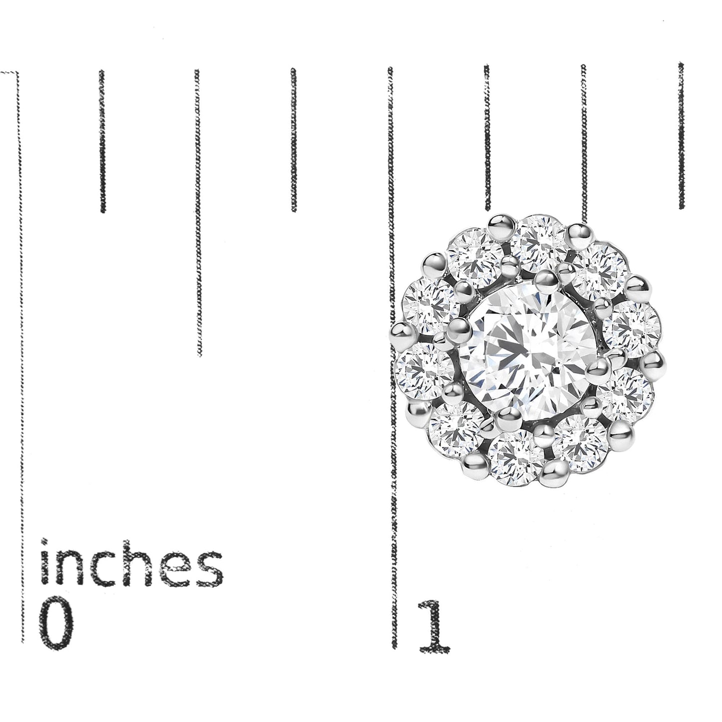 Close-up front view of a round white metal earring shown on a scale, featuring a large central round white gemstone in a four-prong setting, surrounded by smaller round white gemstones in a shared prong setting forming a circular halo.