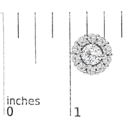 Close-up front view of a white metal round cluster earring with a larger central round white gemstone in a four-prong setting, surrounded by smaller round white gemstones in shared prong settings, shown on a scale marked in inches.