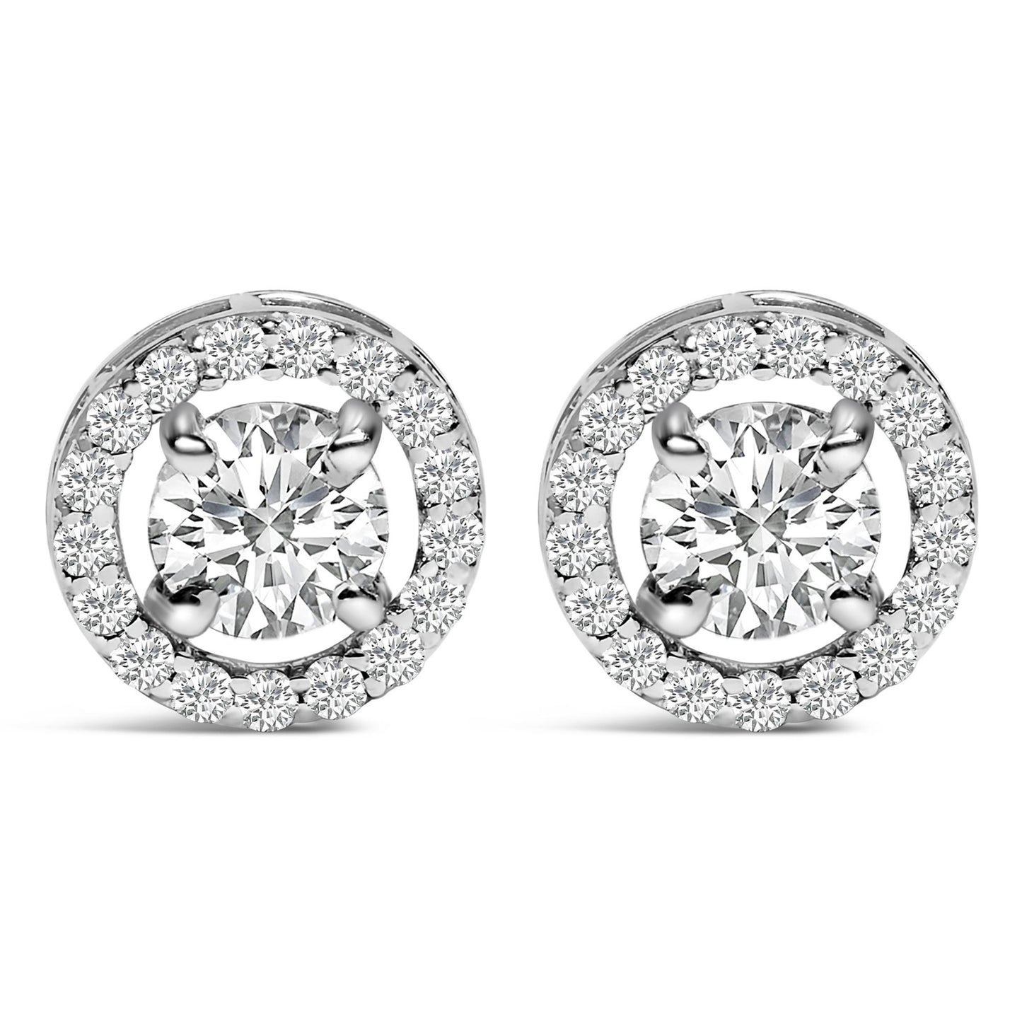 Front view of a pair of circular white cuff links, each featuring a large round white gemstone in a four-prong setting surrounded by a circle of smaller round white gemstones.