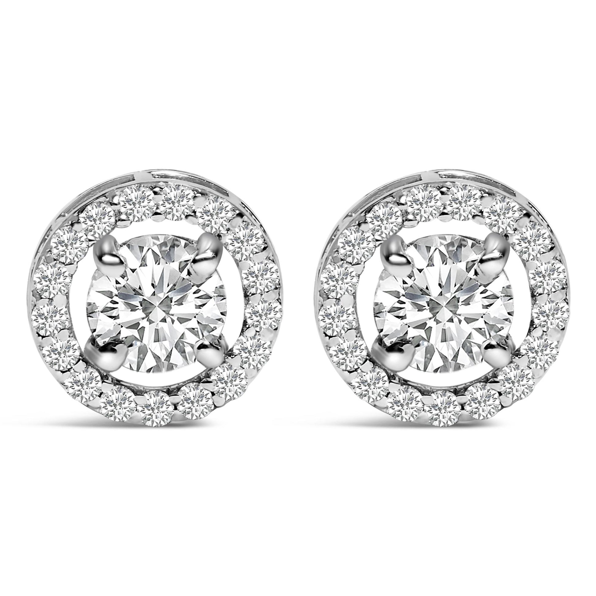 Front view of a pair of circular white cuff links, each featuring a large round white gemstone in a four-prong setting surrounded by a circle of smaller round white gemstones.