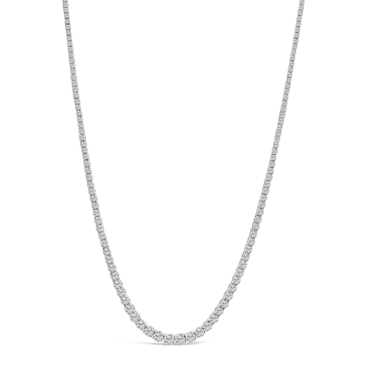 Front-facing shot of a white necklace with numerous white round gemstones in four-prong settings along the entire chain.