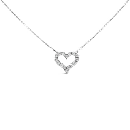 Front view of a white necklace with a heart-shaped pendant made of white round gemstones in a shared prong setting.