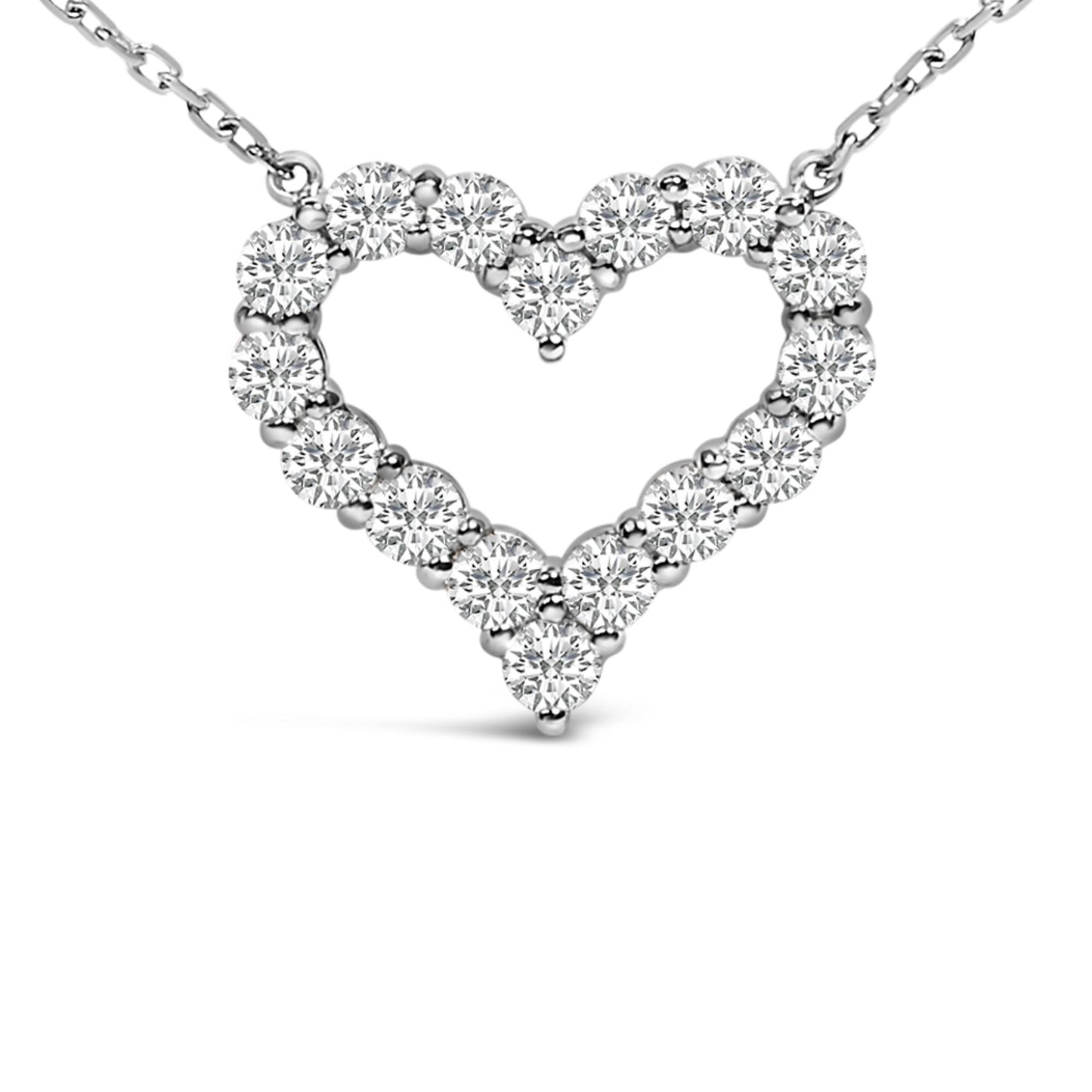 Close-up front view of a white necklace featuring a heart-shaped pendant made of round white gemstones in a shared prong setting.