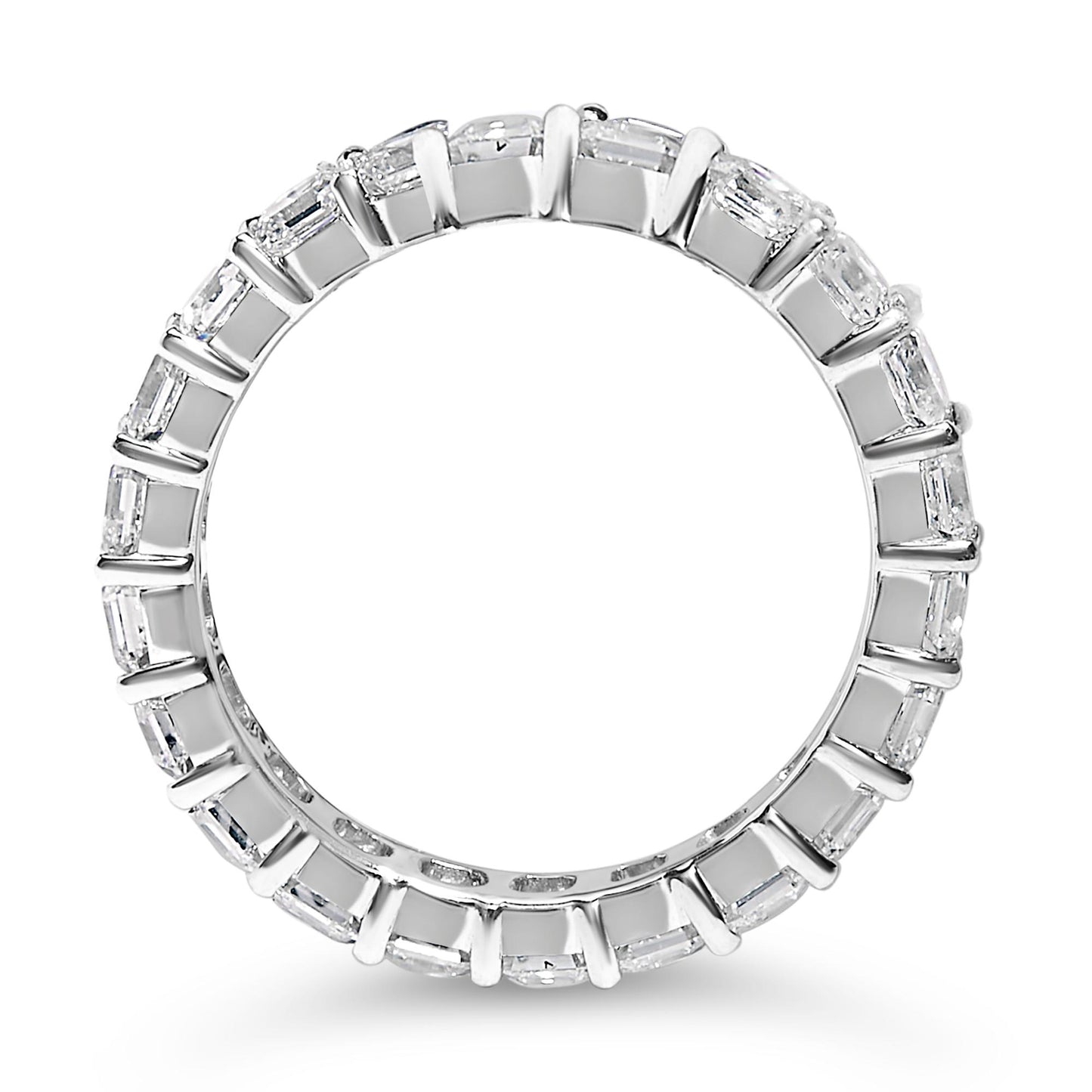 Top-down view of a white metal eternity ring featuring a continuous row of asscher-shaped white gemstones in shared prong settings.
