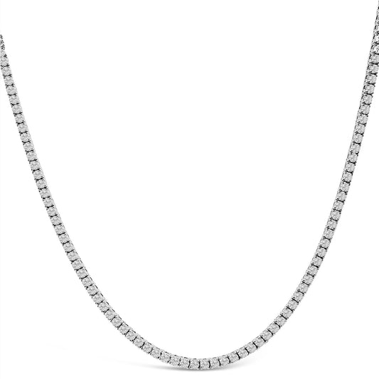 Close-up front view of a white necklace with round white gemstones in 4-prong settings forming a continuous chain.