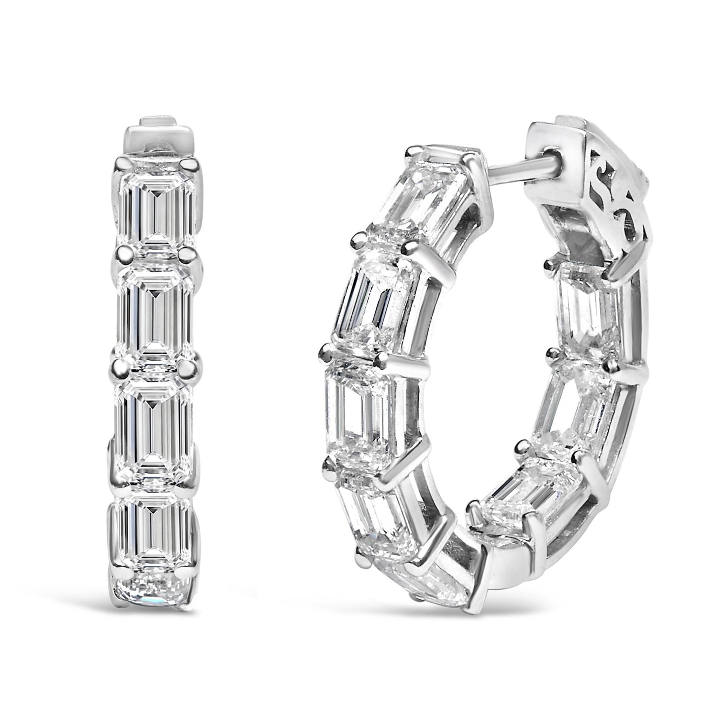 Close-up front and side angled view of a pair of white hoop earrings set with multiple emerald-shaped white gemstones in a shared prong setting.