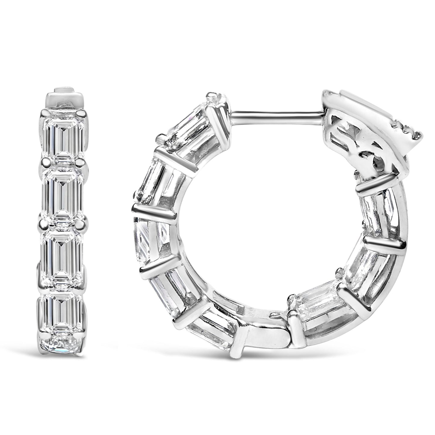 Close-up front and side views of white metal hoop earrings set with multiple emerald-shaped white gemstones in shared prong settings.