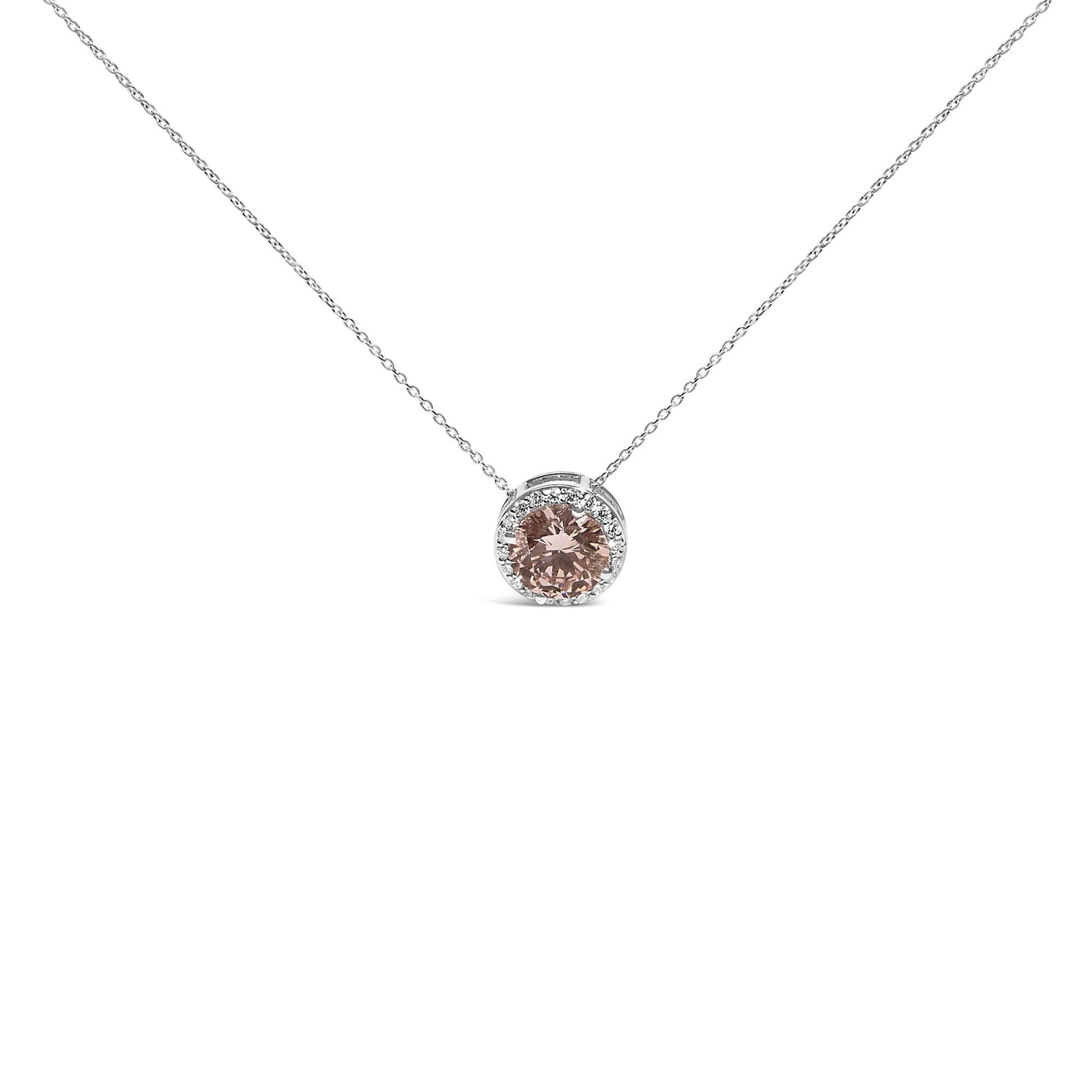 Front view of white metal necklace with a round pink gemstone surrounded by a circle of small white gemstones in 4-prong settings.