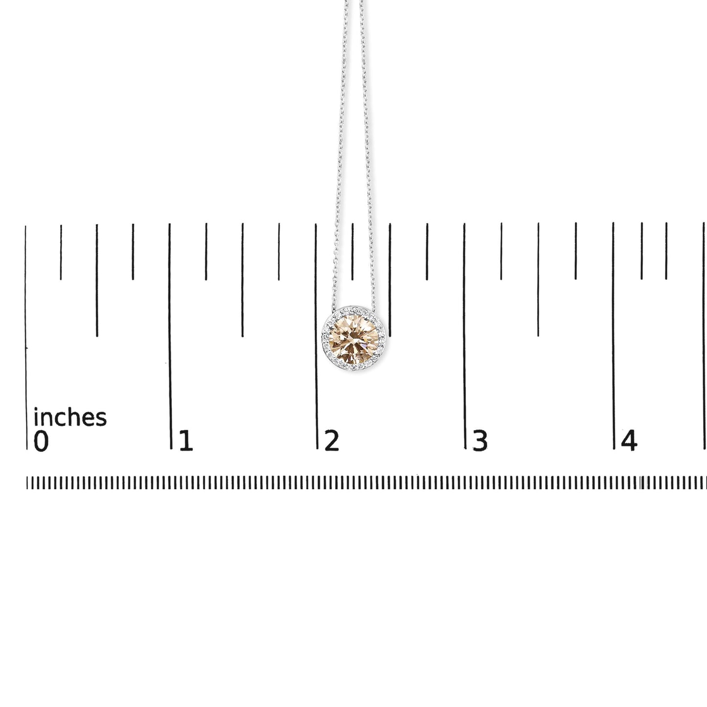 Close-up front view of a white necklace pendant with a central round pink gemstone surrounded by smaller white round gemstones, displayed on a ruler for size reference.